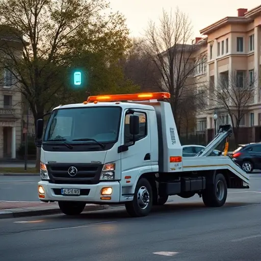 A modern tow truck (evakuator) parked on a quiet residential street in a Moscow suburb, with subtle visual cues of an online service such as a faint glowing smartphone icon hovering nearby, realistic lighting, and a clean urban background with typical Russian houses and trees, no text or logos