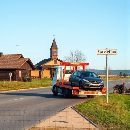 A tow truck parked on a quiet rural road in Surivikino, with a damaged car being towed by the truck. The scene includes typical village scenery: a few wooden houses, a small church with a bell tower, a modest roadside signpost indicating the village name, and a few trees and a patch of grass. The sky is clear and the lighting is natural, giving a realistic and calm atmosphere.
