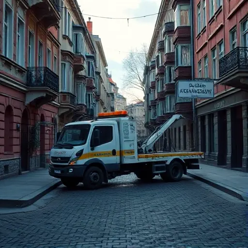 Эвакуатор в 4-м Красносельском переулке: Полное руководство A realistic tow truck parked on a narrow urban street named 4th Krasnoselsky Lane, with typical Russian residential buildings on both sides, cobblestone pavement, and a subtle evening sky; the scene should focus on the vehicle and the street atmosphere without any text or signage.
