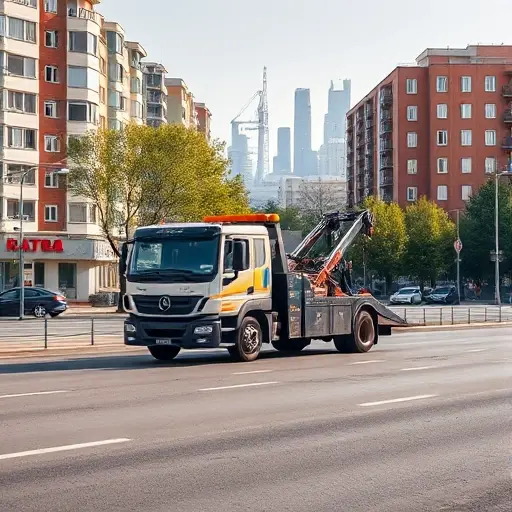 A realistic scene showing a modern tow truck operating on a city street, with architectural elements that suggest both Zelenograd and Moscow, such as a mix of residential blocks, trees, and a subtle hint of the Moscow skyline, under a clear sky, focusing on the vehicle and the urban environment without any text or signage