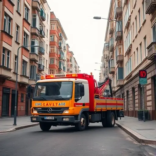A realistic scene of a tow truck (evacuator) parked on a narrow urban street named 8th Novopodmoskovny Lane, with surrounding typical Russian apartment buildings, street lamps, and a subtle hint of a guidebook concept such as a faint overlay of a map outline, but no visible text or lettering. The focus is on the tow truck and the street environment, captured in a clear, detailed smallHQ style.