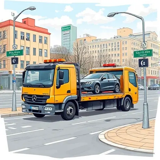A realistic illustration of a tow truck parked on Bolshaya Kalitnikovskaya Street, with a cityscape background, a car being towed, and street signs indicating the location, in a detailed, high-quality style.