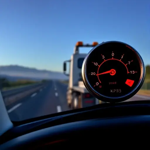 сколько стоит км эвакуатора цена A tow truck parked on a highway with a distance meter displayed on its dashboard, showing an arrow pointing to a kilometer marker. The scene includes a clear road, a blue sky, and a subtle background of distant mountains. No text, letters, or digits should appear in the image.