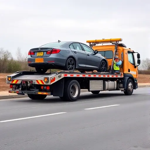 A tow truck (эвакуатор) safely transporting a car on a road, with visible safety equipment such as reflective vests, warning signs, and a clear, calm environment. The scene should emphasize secure loading, proper straps, and a professional driver. No text, letters, or digits should be present.