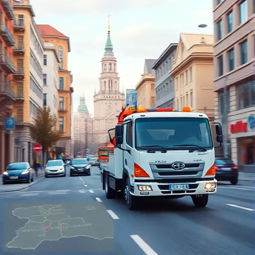 A realistic scene of a tow truck driving on a Moscow street in the southwestern district, with recognizable city architecture and a subtle map overlay indicating the service area, and a visual cue like a speedometer or motion blur to suggest fast response time, all rendered in a compact, high-quality illustration style