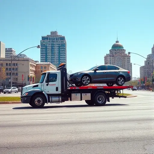 A realistic scene of a tow truck parked on a wide urban avenue named Cosmonauts Avenue, with a car being lifted onto the truck's platform, city buildings in the background, clear sky, no visible text or signage, focusing on the vehicle transportation process