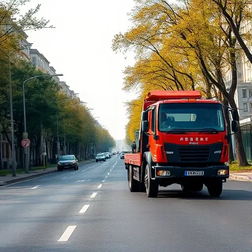 Эвакуатор на 9-м проспекте Новогиреево: Полное руководство A realistic scene of a tow truck (evakuator) operating on 9th Prospekt in the Novogireevo district, Moscow. The street is lined with typical residential buildings, trees, and streetlights. The tow truck is pulling a small car onto its platform, with the driver visible behind the wheel. The atmosphere is daytime with a clear sky, showing the urban environment without any text, logos, or signage.