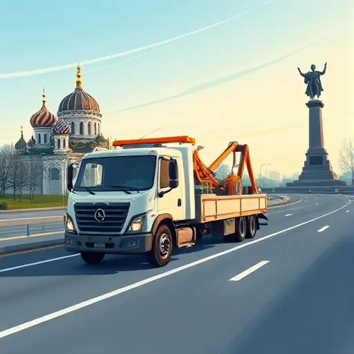 эвакуатор москва уфа A realistic tow truck (evakuator) driving on a highway with subtle background elements hinting at both Moscow and Ufa, such as a silhouette of the Kremlin dome on one side and the Ufa monument of Salavat Yulaev on the other, under a clear sky, without any text or signage, in a compact high-quality illustration style