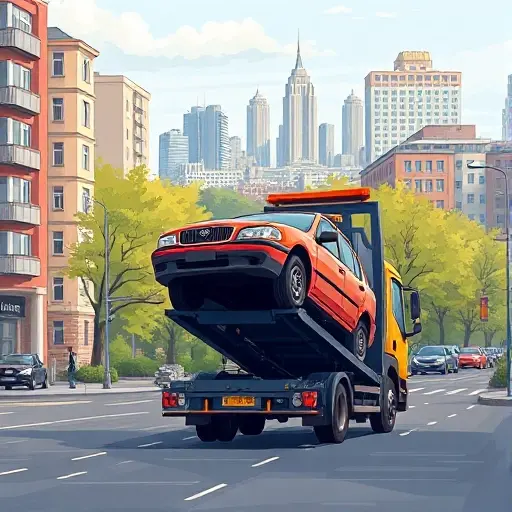 A realistic smallHQ style illustration of a tow truck lifting a broken car on a street in the southwestern part of Moscow, with surrounding city buildings, trees, and a subtle hint of the Moscow skyline, without any text, letters, or digits in the image.