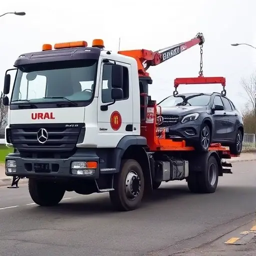 A Ural brand tow truck equipped with a hydraulic manipulator arm, positioned on a road, lifting a damaged vehicle. The scene shows the tow truck's front cab, the manipulator arm extended, and a car partially lifted by the arm. The background is a simple urban street with minimal detail.