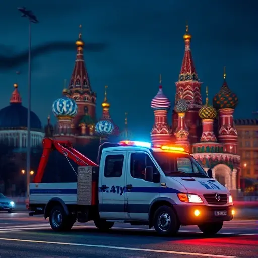 A 24/7 tow truck operating in Moscow, positioned in front of recognizable Moscow architecture such as the Kremlin or a city street with typical Russian buildings, under a night sky with subtle city lights. The scene conveys reliability and readiness, with the tow truck illuminated by its own lights, and a subtle visual cue of a phone call (like a faint ringing icon) without any text. The composition is realistic yet compact, suitable for a small high-quality illustration.