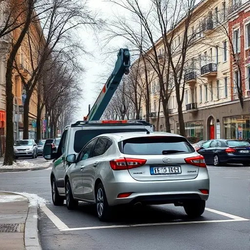 A realistic city street scene in Moscow's North-West Administrative Okrug, showing a compact tow truck with a hook lifting a parked car that is clearly in an illegal spot. The street has typical Moscow buildings, trees, and a subtle hint of winter atmosphere, with no visible signage or text. The focus is on the tow truck and the car being removed, conveying a sense of efficient, affordable service.
