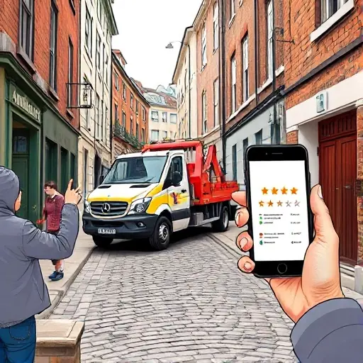 A tow truck parked on a narrow, cobblestone street named Ambulant Street, with a few pedestrians nearby. One person is pointing toward the truck, another is holding a smartphone showing a generic review icon, all depicted without any visible text, letters, or numbers. The scene conveys a sense of local recommendations and online reviews, with a calm, realistic atmosphere.