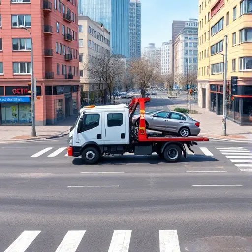 Эвакуатор на 1-м проезде Перова Поля: Полное руководство A realistic depiction of a tow truck parked on the 1st crossing of Pervaya Polya street, showing the intersection with clear road markings, traffic signs, and surrounding urban buildings. The tow truck should be visible from the front and side, with a partially lifted vehicle attached, all rendered in a detailed, high-resolution style. No text, letters, or digits should appear in the image.
