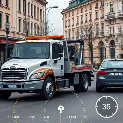 A realistic scene of a tow truck on a Moscow street beside a vehicle, with visual cues for cost factors such as distance markers, a clock indicating time of day, road condition symbols like potholes, and a subtle gauge or chart overlay, all without any text or numbers