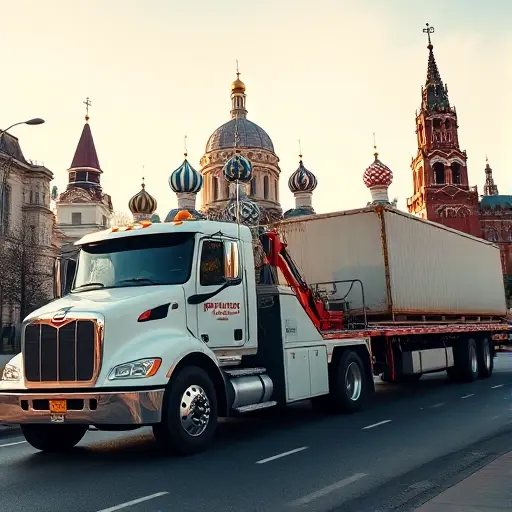 A professional tow truck in Moscow pulling a large cargo truck on a city street, with recognizable Moscow architecture such as the Kremlin dome in the background, clear sky, realistic lighting, and a sense of reliable service