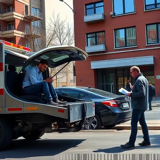 A realistic scene of a tow truck parked on a Moscow street near a modern apartment building, with the driver opening the trunk of a car to attach a tow hook while the car owner checks documents and a phone, the background shows typical Moscow architecture such as a metro entrance or red brick facades, bright daylight, clean composition, no text or logos.