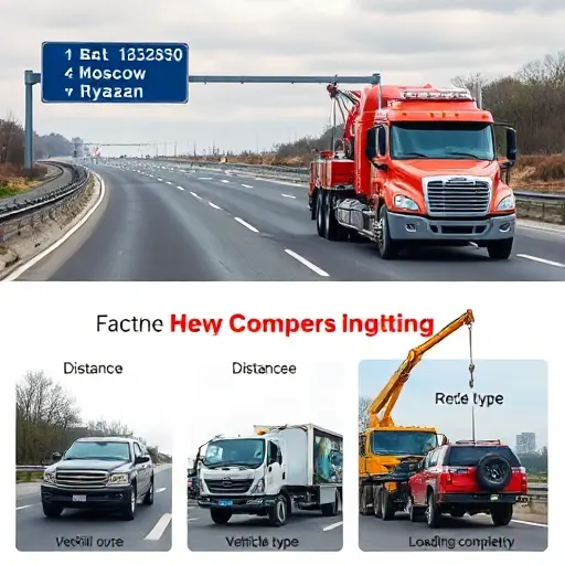 A tow truck on a highway between Moscow and Ryazan, with a distance sign, towing various types of vehicles, and a loading scene with a crane or hook, illustrating the factors that influence the price such as distance, vehicle type, and loading complexity.