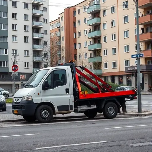 A realistic scene of a compact tow truck parked on a Moscow street in the South-Eastern Administrative Okrug, with nearby apartment buildings, a city street sign, and a subtle hint of a nearby location marker, conveying affordability and proximity without any text or logos