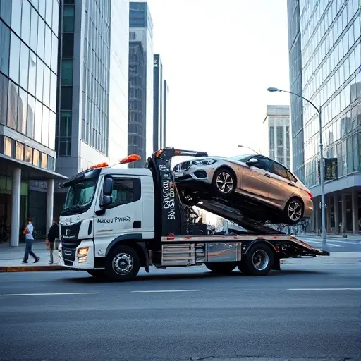 A modern tow truck (evacuator) positioned on a city street representing Avenue of Pilots, with a sleek urban background, a parked car being lifted onto the truck, subtle phone or communication icon nearby, clear sky, realistic lighting, no visible text or numbers