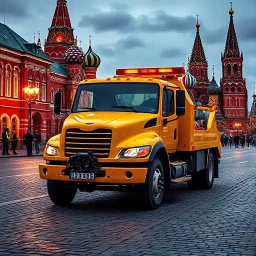 эвакуатор новая москва A bright yellow tow truck parked on a cobblestone street in front of the iconic Red Square in Moscow, with the Kremlin and St. Basil's Cathedral visible in the background, the scene illuminated by warm street lights at dusk, showing the truck's front with a visible winch and a small crew of workers in reflective vests, all in a realistic style
