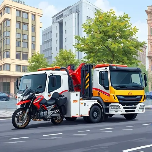 A realistic smallHQ illustration of a motorcycle tow truck and a heavy equipment recovery vehicle parked on a city street in the Kunetsovo district of Moscow, with urban buildings and trees in the background, focusing on the vehicles and the street scene, no people, no text or logos