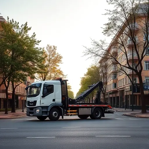 A realistic scene of a modern tow truck parked on a quiet street in the New Cheremushki district of Moscow, surrounded by typical low-rise residential buildings, leafy trees, and a paved road with subtle traffic markings. The sky is clear with soft daylight, and the atmosphere feels calm and urban. No text, logos, or signage should be visible in the image.
