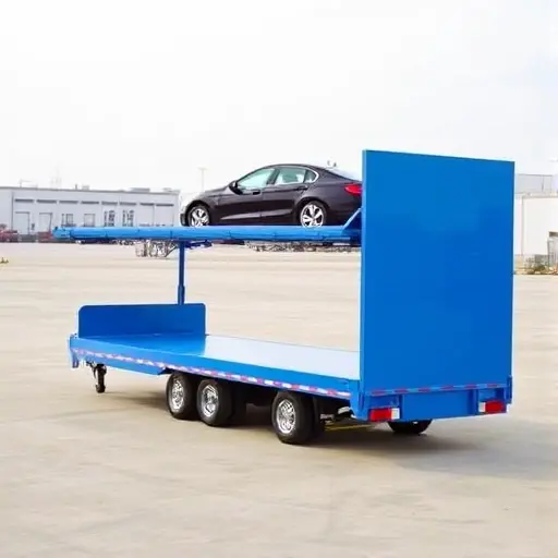 прицеп эвакуатор для легкового автомобиля A tow truck trailer designed for transporting passenger cars, shown from a side view, with a flat, rectangular body, a hydraulic lifting platform, and a rear loading ramp. The trailer is painted in a bright blue color with a subtle reflective surface. The background is a neutral industrial setting with a light sky.