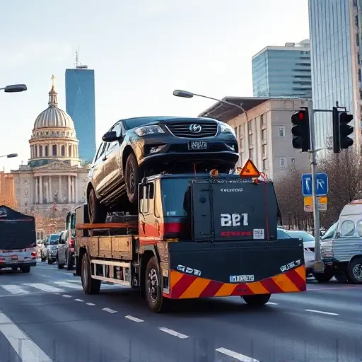 A powerful cargo tow truck (грузовой эвакуатор) navigating a busy Moscow street, with recognizable Moscow architecture such as the Kremlin dome or modern high‑rise buildings in the background, under a clear sky. The scene shows the tow truck in action, lifting a large vehicle onto its platform, with road signs and traffic lights, but no visible text or branding on the vehicles or surroundings. The composition emphasizes the size and capability of the tow truck within the urban environment of Moscow and the surrounding Moscow region.