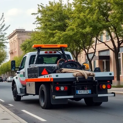 A realistic scene of a tow truck parked on a quiet urban street lined with trees and low-rise buildings, with the focus on the vehicle's detailed equipment and the surrounding street environment, captured in a crisp, high-quality smallHQ style