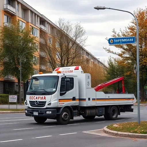 эвакуатор варениковская A tow truck (evacuator) parked on a city street in Varenikovskaya, with surrounding residential buildings, trees, and a road sign indicating the area, realistic depiction, smallHQ
