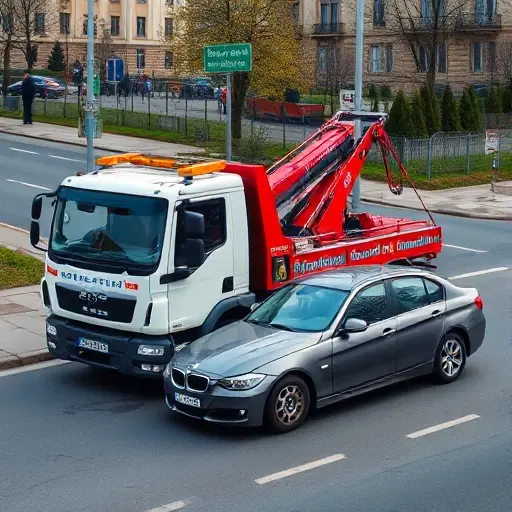 A realistic depiction of a tow truck parked on Bittsevsky Passage, with a broken down car beside it illustrating typical towing scenarios such as a flat tire, engine failure, or minor accident. The scene shows the urban road environment, clear details of the tow truck and the vehicle needing assistance, with no text, letters, or numbers visible.