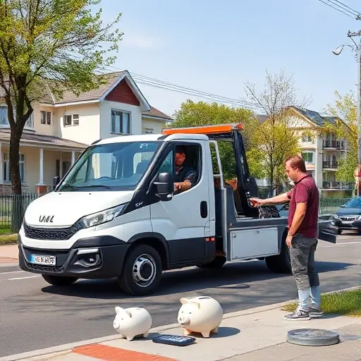 A modern tow truck parked on a quiet suburban Moscow street with typical Russian houses and trees, a friendly driver handing over a set of car keys to a relieved car owner, a visible piggy bank and a calculator on the sidewalk symbolizing cost savings, bright daylight, realistic details, no text or signage