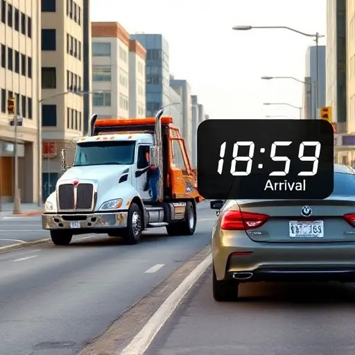 A smallHQ style illustration of a tow truck driving on an urban street toward a broken-down car parked on the side of the road. The driver is holding a phone, looking attentive. City buildings line the background under a clear sky. The scene conveys the idea of calling a tow service and estimating arrival time without any text, letters, or numbers.