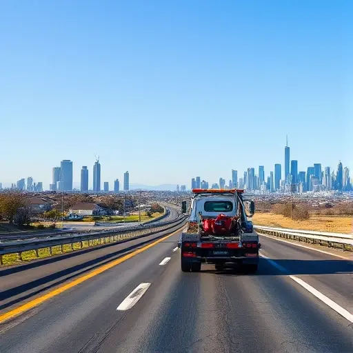 A realistic scene of a tow truck on a highway heading from a suburban area toward a large city, with the suburban skyline on the left and the distant city skyline on the right, under a clear sky, showing the road and the truck in motion, no text or signage