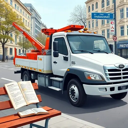 Эвакуатор на Бирюлёвской улице: Полное руководство по вызову и заказу A realistic illustration of a tow truck parked on Birulyovskaya Street, with a city street background, a visible phone on the truck’s dashboard, a guidebook open on a nearby bench, and subtle signage indicating the street name, all depicted without any text, letters, or numbers in the image