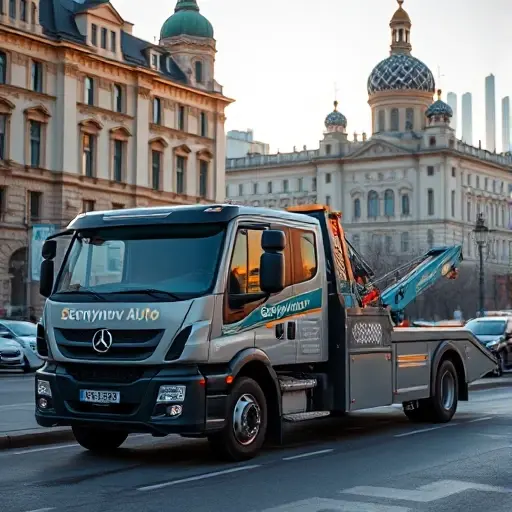 A realistic scene of a modern tow truck from Goryunov Auto parked on a Moscow street, with recognizable Russian architecture in the background, such as historic buildings and a hint of the Moscow skyline, under a clear sky. The focus is on the tow truck and the urban environment, conveying professional vehicle recovery services in the city.