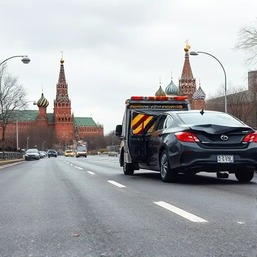 A realistic scene of a Moscow street with recognizable architecture such as the Kremlin silhouette in the background, a tow truck (evacuator) pulling a damaged car onto the side of the road. The road shows subtle markings indicating distance, and there are subtle visual cues of a recent accident, like scattered debris and a dented vehicle. The atmosphere is overcast, emphasizing a professional and efficient service. No text, letters, or numbers appear in the image.