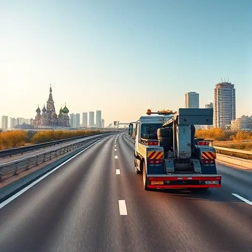 Эвакуатор Москва-Минск: Полное руководство по заказу и ценам A realistic scene of a modern tow truck driving on a highway that connects two major cities, with the skyline of Moscow visible on one side and the skyline of Minsk on the other side in the background, under a clear sky. The road should be smooth and the tow truck should be highlighted, showing its equipment and a trailer, without any text, logos, or signage.