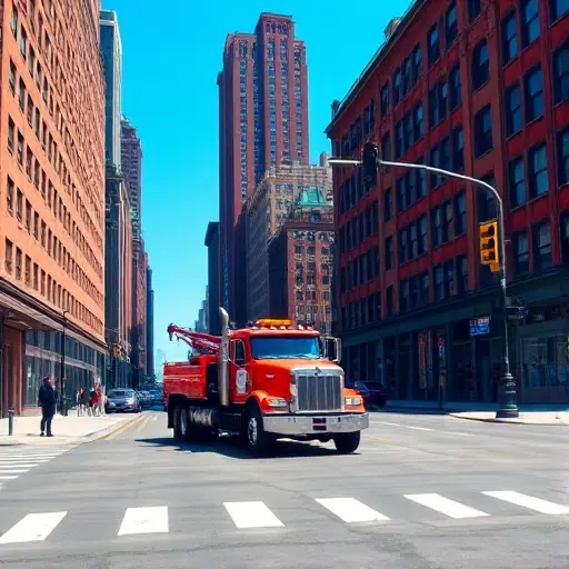 Эвакуатор на 1-й Магистральной улице: Полное руководство A tow truck parked on a busy city street with tall brick buildings on either side, a traffic light, and a clear blue sky, all depicted in a realistic style