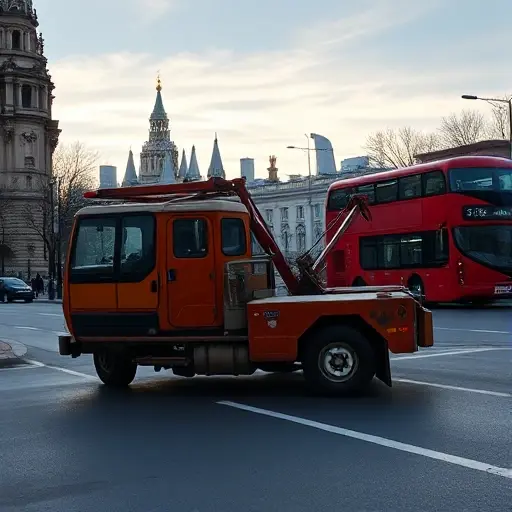 частичный эвакуатор москва A partially visible tow truck parked on a Moscow street, with subtle city skyline and iconic red double-decker bus in the background, no people, no text, no digits