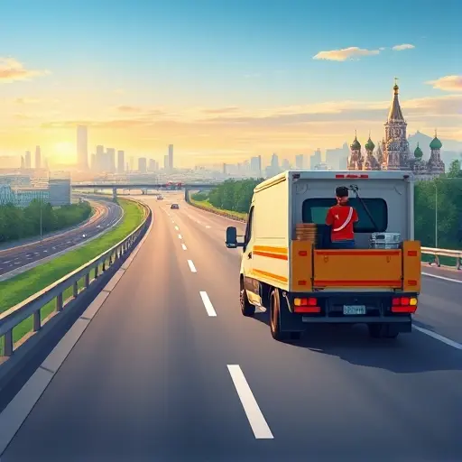 A realistic illustration of a tow truck traveling on a highway that stretches from a cityscape representing Voronezh on the left to a skyline representing Moscow on the right, with a subtle overlay of a road map line connecting the two cities, and visual elements suggesting cost such as a faint transparent stack of coins or a calculator beside the truck, all without any text or symbols