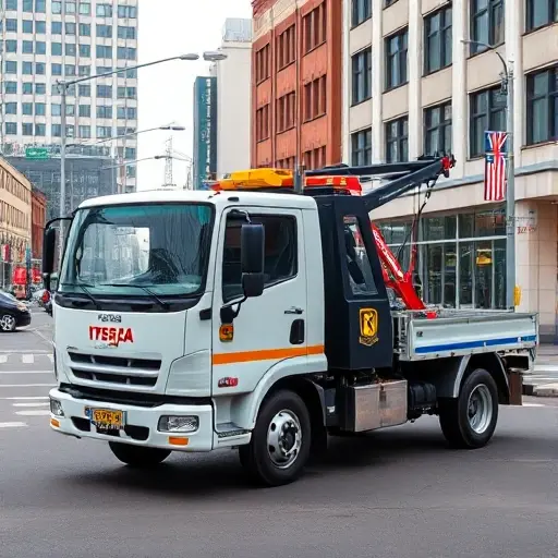 A tow truck parked on Bogucharskaya Street, with a clear view of its brand logo and model designation on the side, set against a realistic urban street backdrop. The truck should be the focal point, with subtle city details like street signs, buildings, and pavement visible but not distracting. No other vehicles or people should be present. The image should be in a realistic style, with accurate lighting and shading to highlight the truck's features.