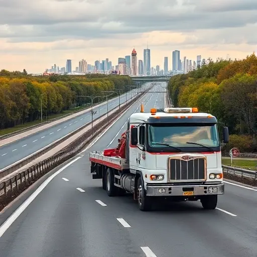 Эвакуатор Москва, Сусоколовское шоссе: Полное руководство A realistic depiction of a tow truck parked on Susekovskoye Highway in Moscow, with the highway stretching into the distance, trees lining the road, and the Moscow skyline in the background.