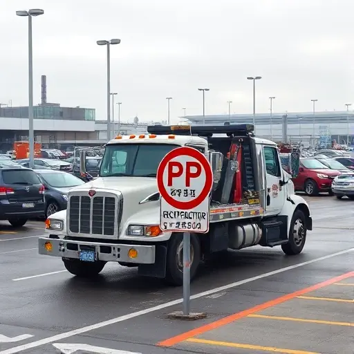 A tow truck parked illegally at Moscow airport, surrounded by a parking restriction sign, with a congested parking area and a few other cars in the background, all depicted in a realistic style, no text or lettering.