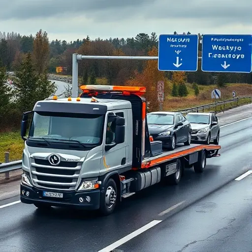 A modern tow truck on Vostryakovskoye highway in Moscow, towing a car, with highway signage and surrounding landscape, no text or lettering