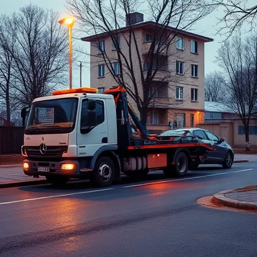 Эвакуатор в районе Свиблово: Полное руководство A realistic tow truck parked on a quiet street in the Sviblovo district, with a small residential building in the background, a parked car being towed, subtle city lighting, no people, no text or signage, no digital numbers, in a detailed, high-resolution style