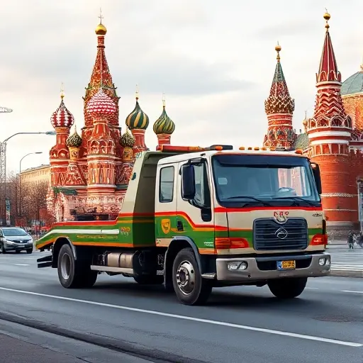Эвакуатор Москва Поблизости: Полное Руководство A realistic smallHQ style illustration of a tow truck on a Moscow street, with recognizable city landmarks such as the Kremlin and St. Basil's Cathedral in the background, emphasizing the idea of a nearby towing service, without any text, letters, or numbers