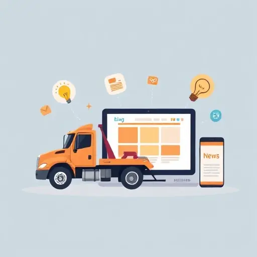 A stylized illustration of a tow truck parked beside a modern laptop or smartphone displaying a website interface with blog and news icons, surrounded by helpful content symbols such as a lightbulb and a gear, all rendered in a clean, minimalistic style without any text or lettering
