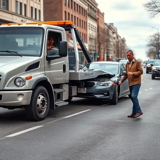 A realistic scene showing a modern tow truck pulling a broken car onto the road, with a calm driver assisting a client who is handing over car keys, set in an urban street with buildings and traffic, emphasizing the professional service and responsibility of the client, without any visible text, signs, or numbers.